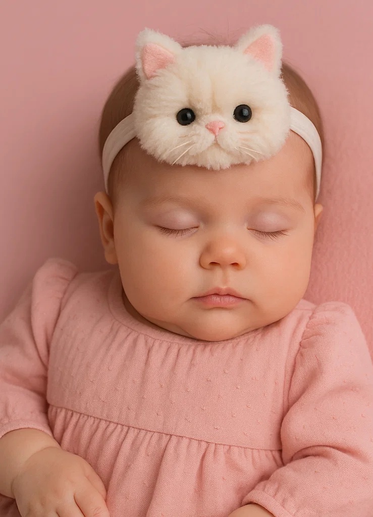 White Fluffy Cat Plush Baby Headband – Soft Cartoon Animal Hairband for Newborns & Infants