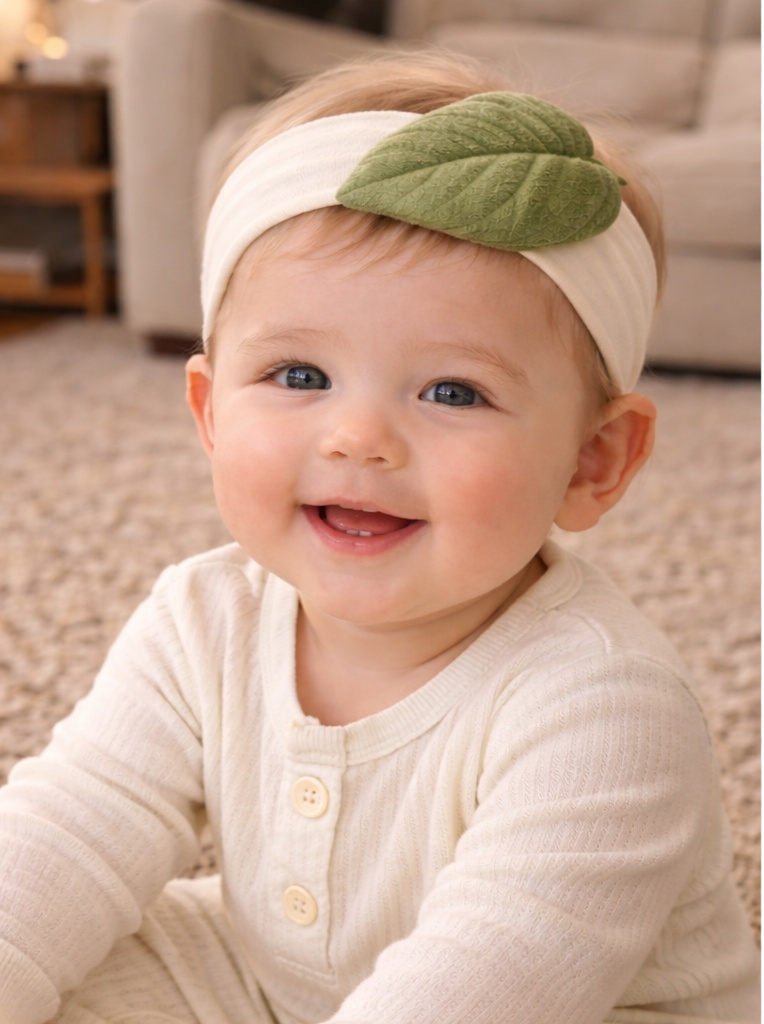Bandeau bébé feuille double vert – Élégance minimaliste pour collections bio