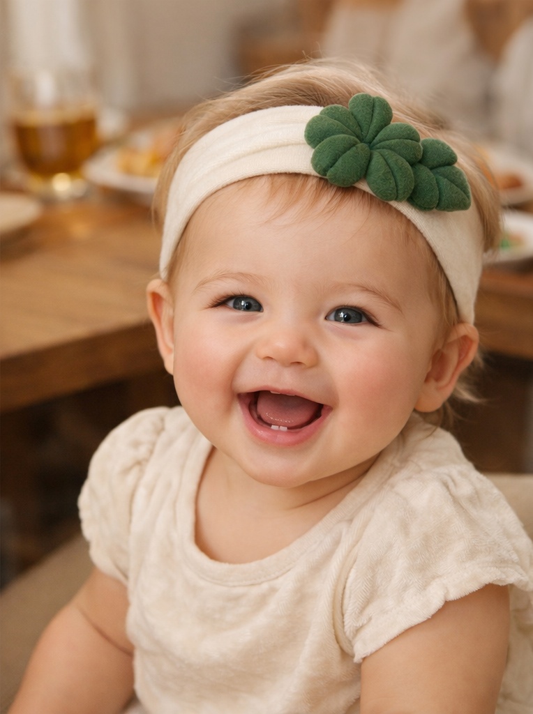 Faixa de cabelo bebê com trevo 3D – ideal para clientes B2B