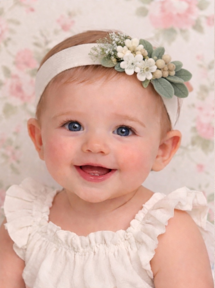 Baby Headband with White Flowers and Greenery