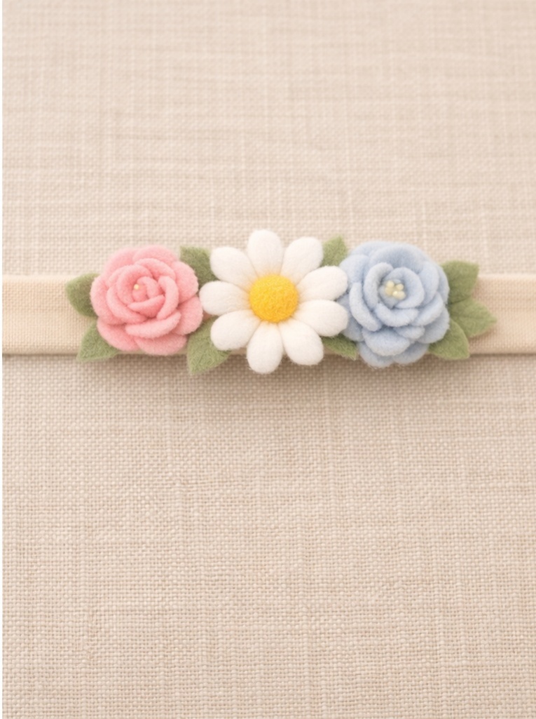 Baby Headband with Pink Roses, White Daisy, and Blue Flowers