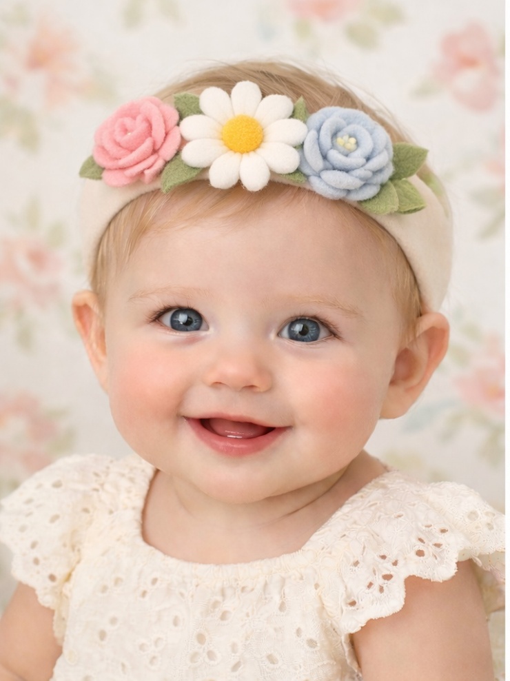 Baby Headband with Pink Roses, White Daisy, and Blue Flowers