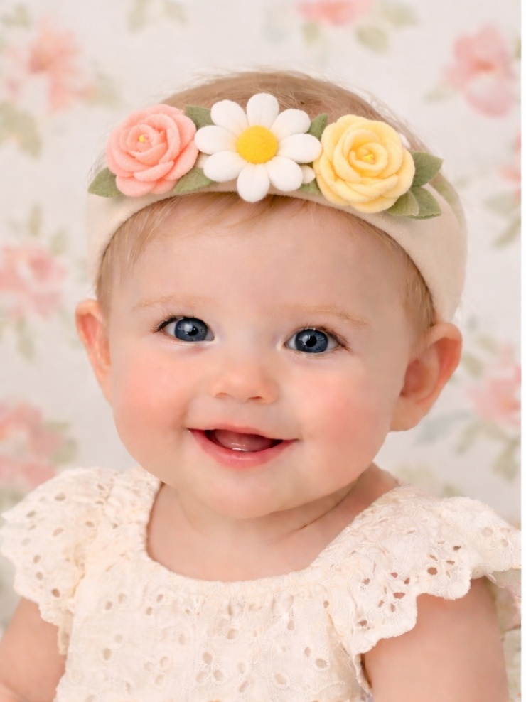 Baby Headband with Pink and Yellow Roses and White Daisy