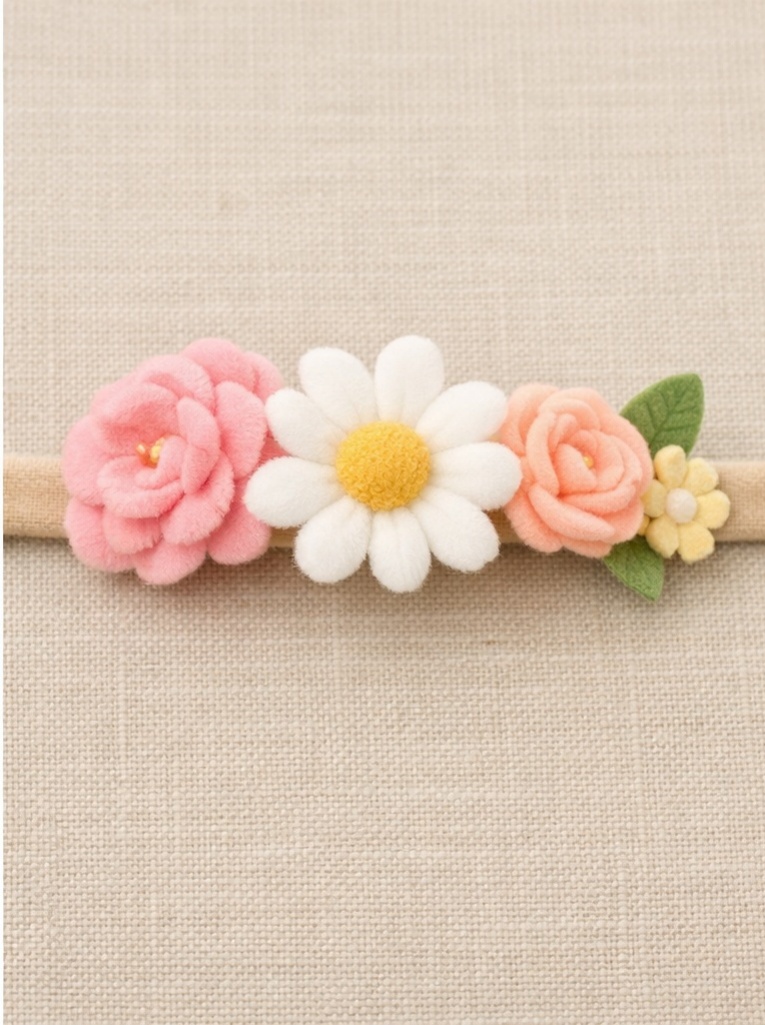 Baby Headband with Pink and Yellow Flowers and White Daisy