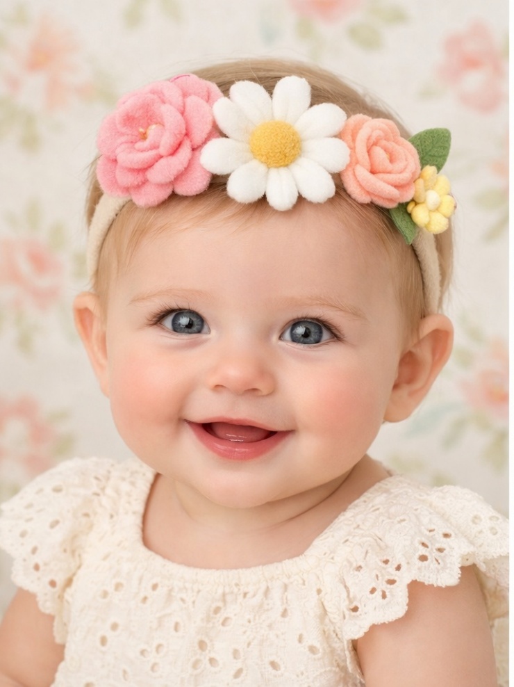 Baby Headband with Pink and Yellow Flowers and White Daisy
