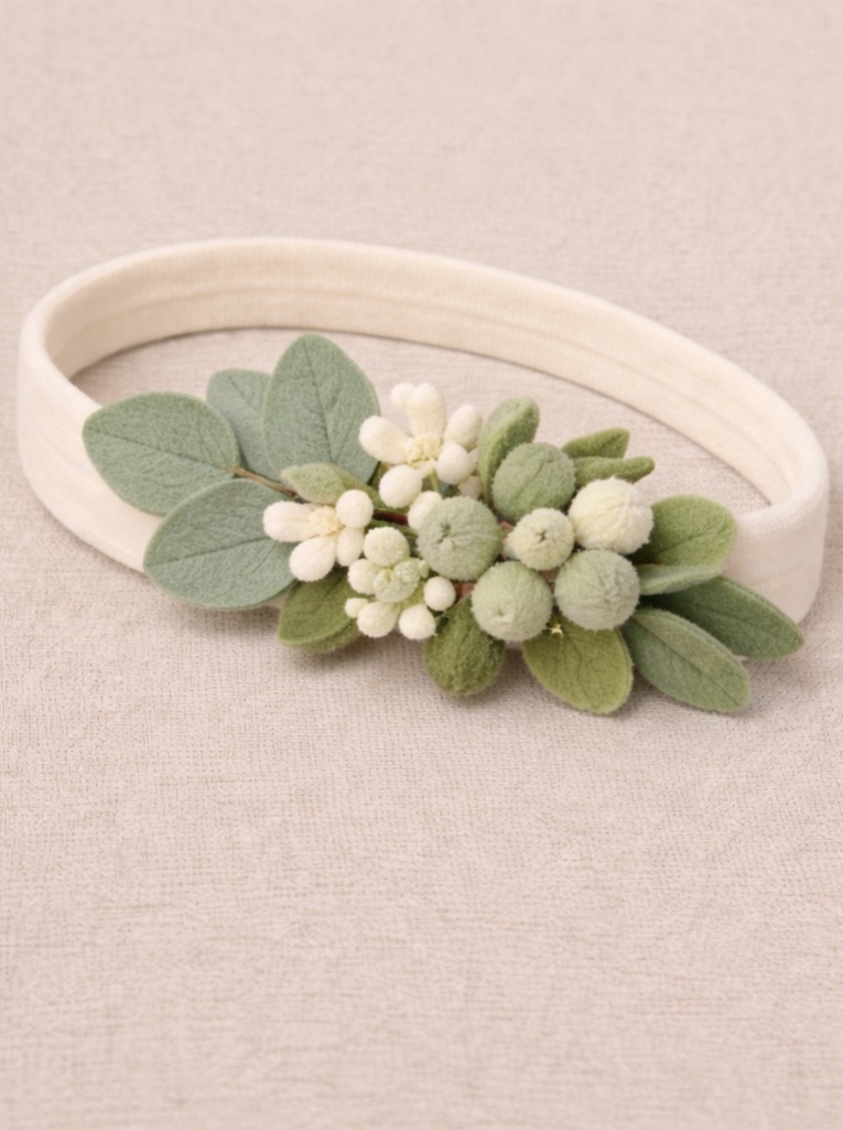 Baby Headband with Soft Greenery and White Berries