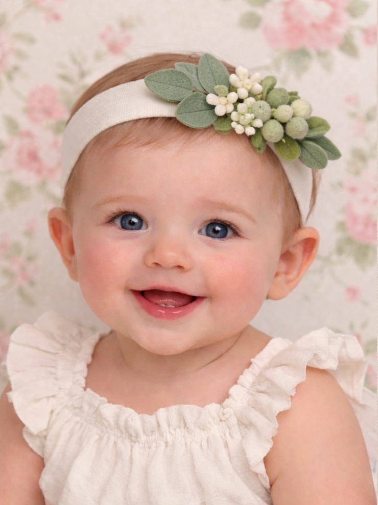 Baby Headband with Soft Greenery and White Berries