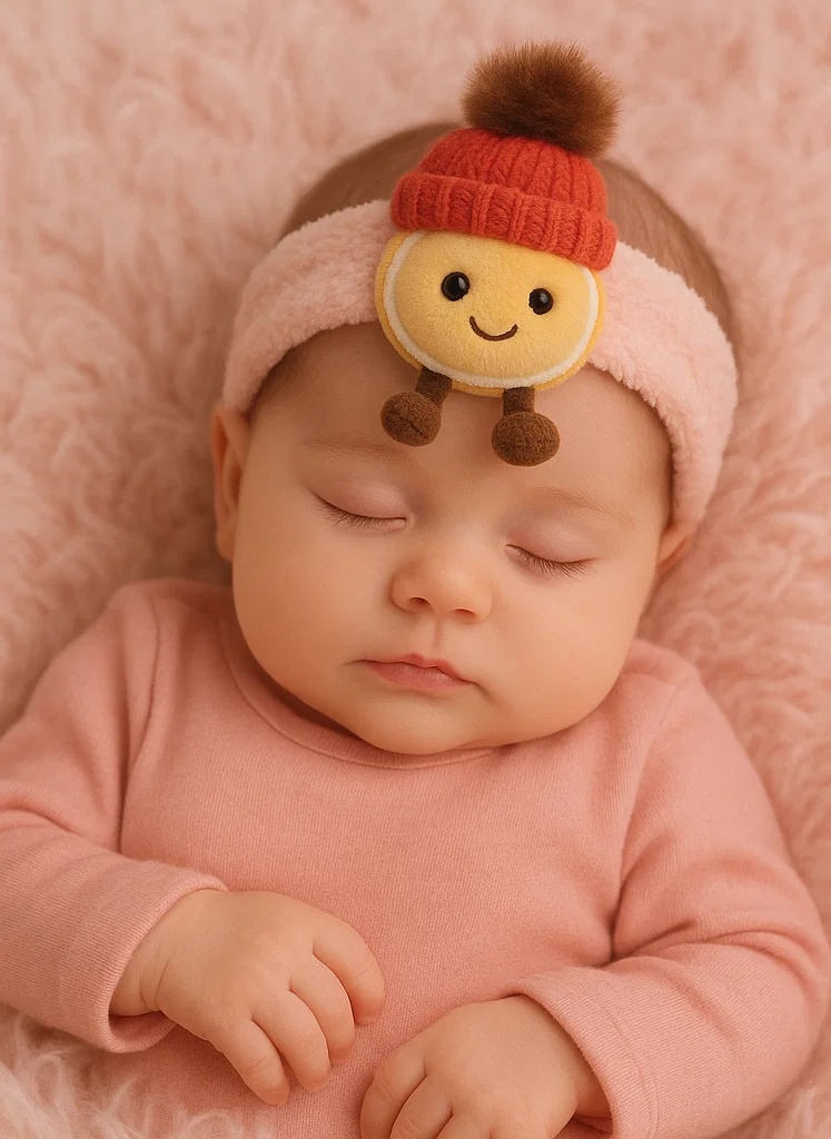 Bentiță pentru bebeluși cu fruct de pluș | Accesoriu cu pălărie tricotată și zâmbet adorabil