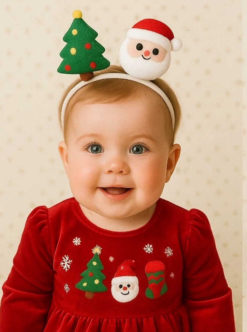 Bentiță de Crăciun pentru Bebeluși cu Moș Crăciun, Brad și Ciorap Decorativ – Cadou de Sărbători Fotogenic