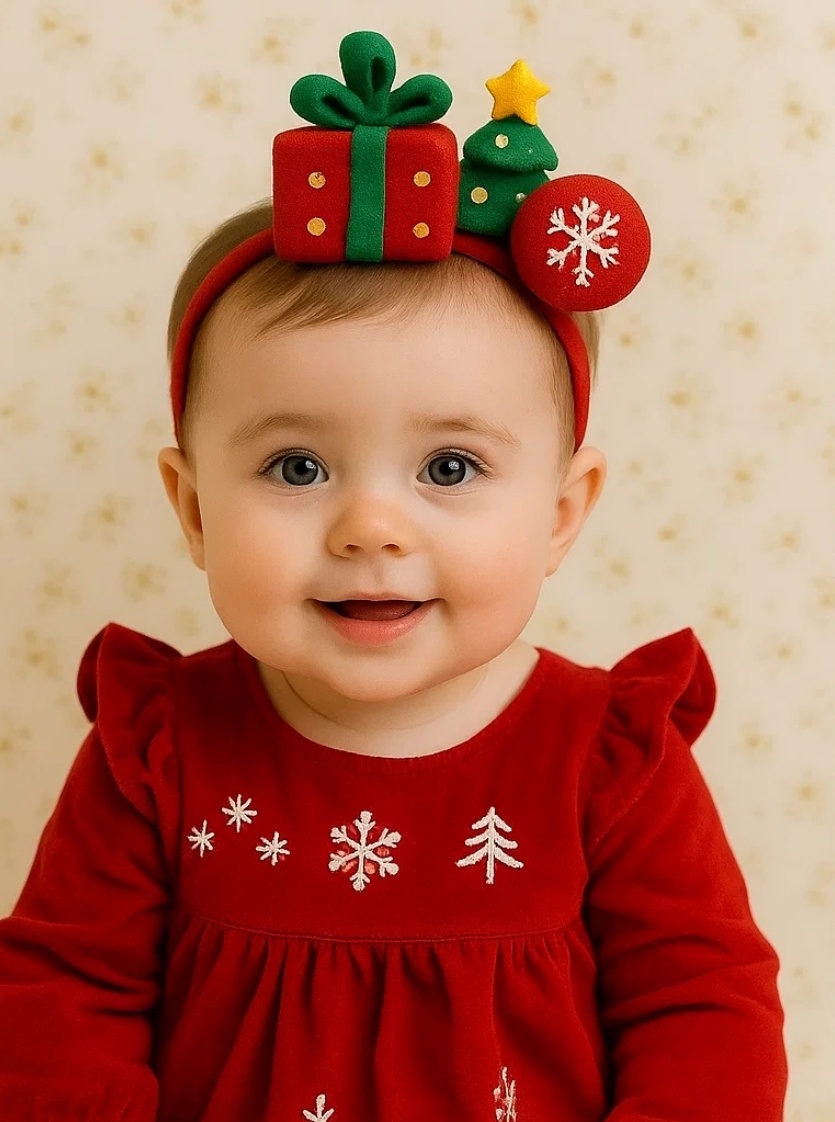 Vánoční Čelenka pro Miminka s Dárkem, Stromkem a Vločkou – Roztomilý Sváteční Dárek pro Fotografování