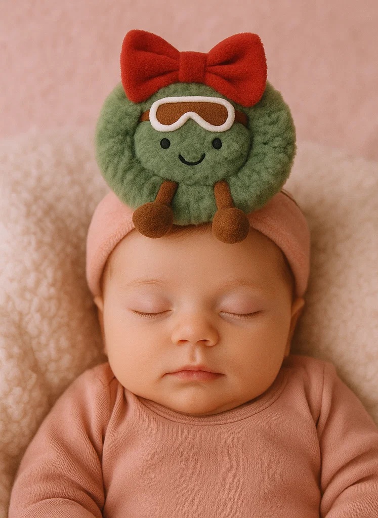 Plüsch‑Babystirnband „Grüner Kranz“ Weihnachts‑Edition