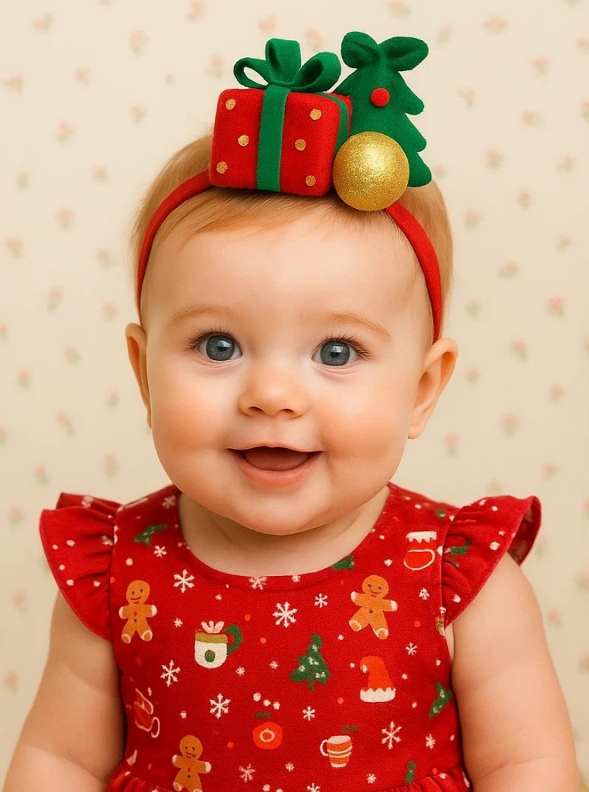 Christmas Baby Headband with Gift Box, Tree & Gold Ball – Festive Cute Holiday Hairband