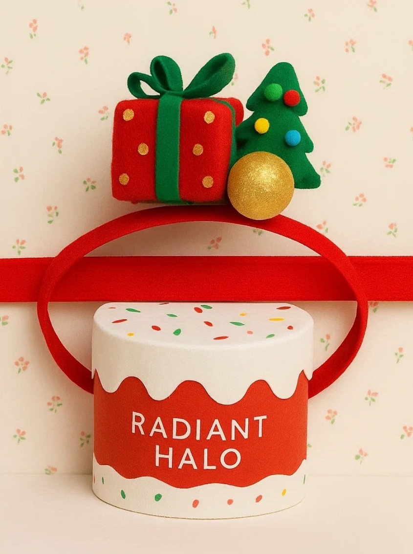 Christmas Baby Headband with Gift Box, Tree & Gold Ball – Festive Cute Holiday Hairband