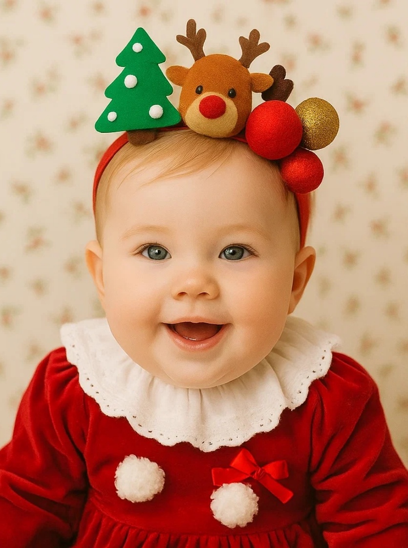 Baby Christmas Headband with Reindeer, Tree & Ornaments – Holiday Dress Up for Photos