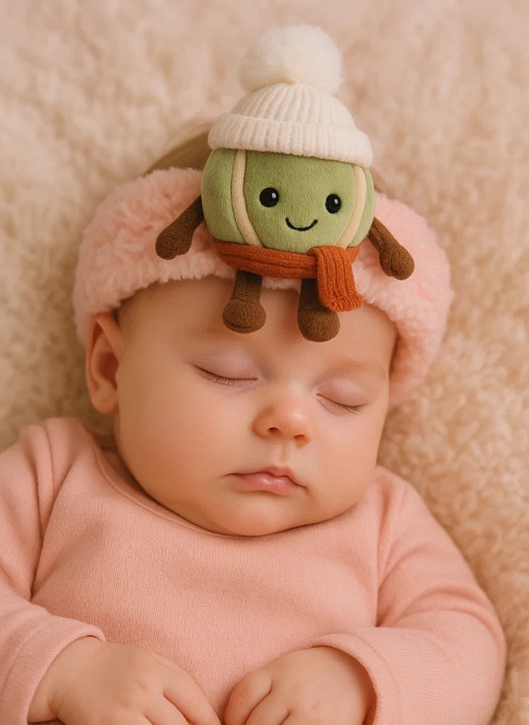 Green Nut Baby Plush Headband with White Pom Knit Hat – Cozy Winter Edition