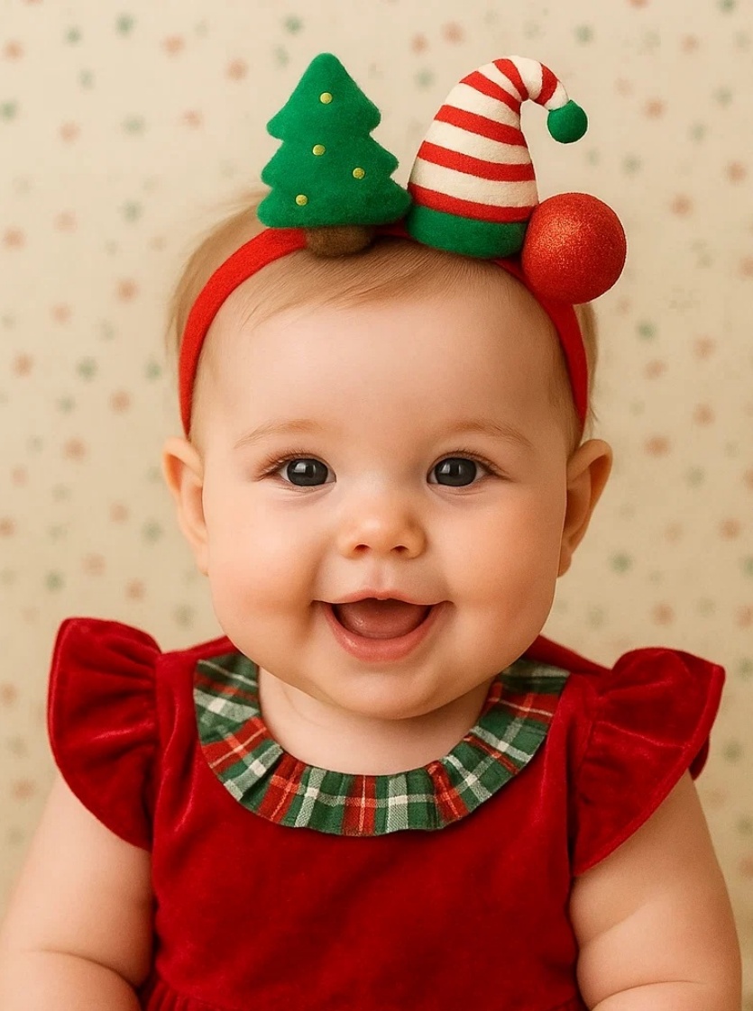 Striped Elf Hat Baby Headband with Christmas Trees – Whimsical Holiday Accessory