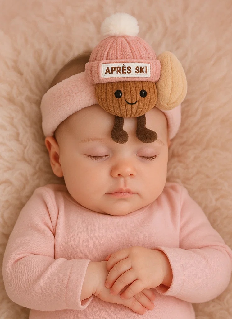Pink Après Ski Nut Baby Plush Headband – Ribbed Knit Winter Cuteness