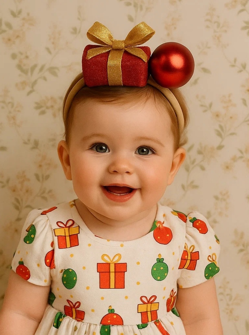 Gold Ribbon Gift Baby Headband with Christmas Ornament – Elegant Festive Look
