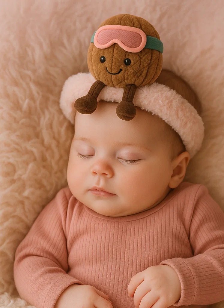 Walnut Plush Baby Headband with Pink Goggles – Alpine Adventure Style
