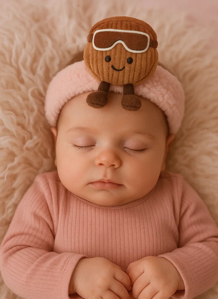 赤ちゃん用ナッツぬいぐるみヘッドバンド – スキーゴーグル付き冬仕様（ブラウンリブ）