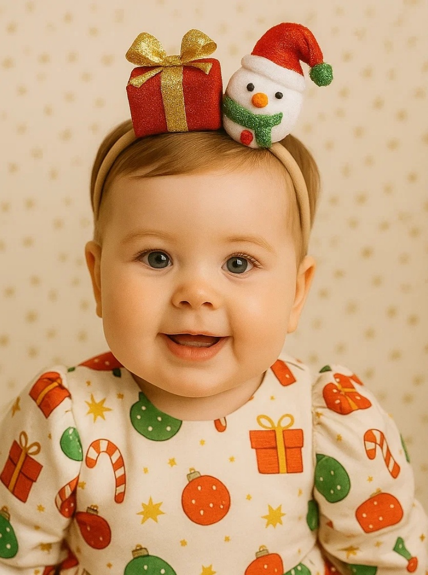 Snowman & Gift Baby Headband with Gold Bow – Holiday Delight Accessory