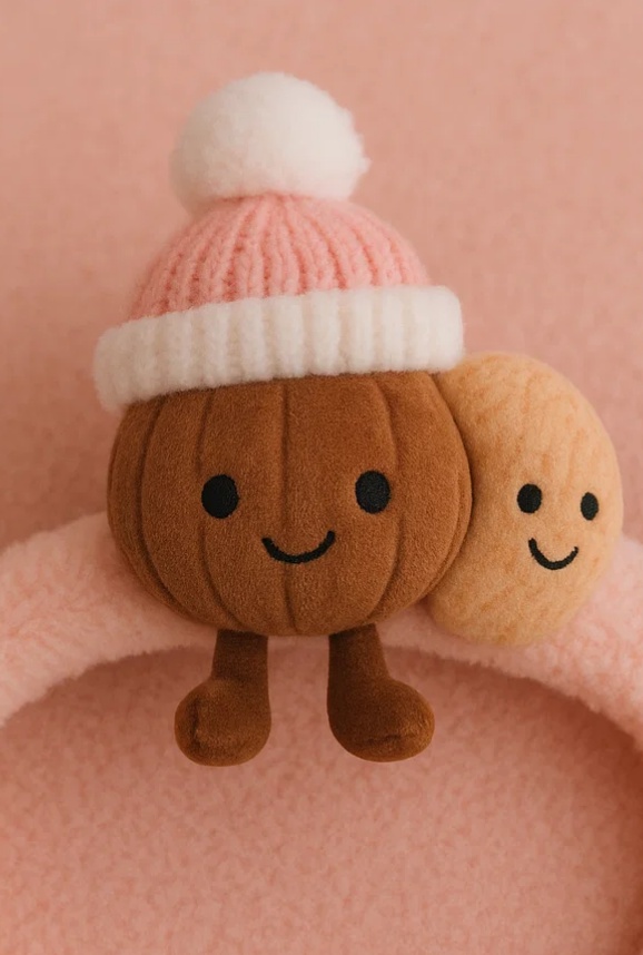 Diadema para bebé con peluche de nueces gemelas – Modelo de invierno con gorro rosa y pompón
