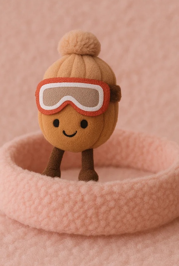 Bandeau bébé avec peluche noisette – Modèle hiver avec lunettes de ski et bonnet pompon
