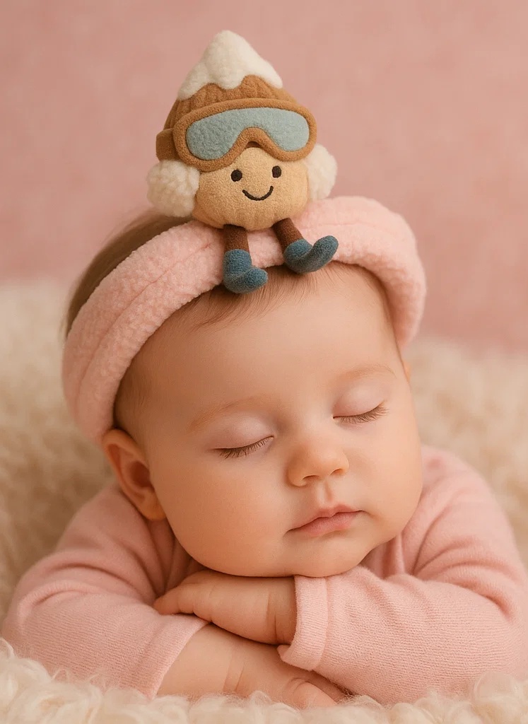 Bentiță pentru bebeluși cu jucărie de pluș – Nucă cu vârf de zăpadă și ochelari de schi