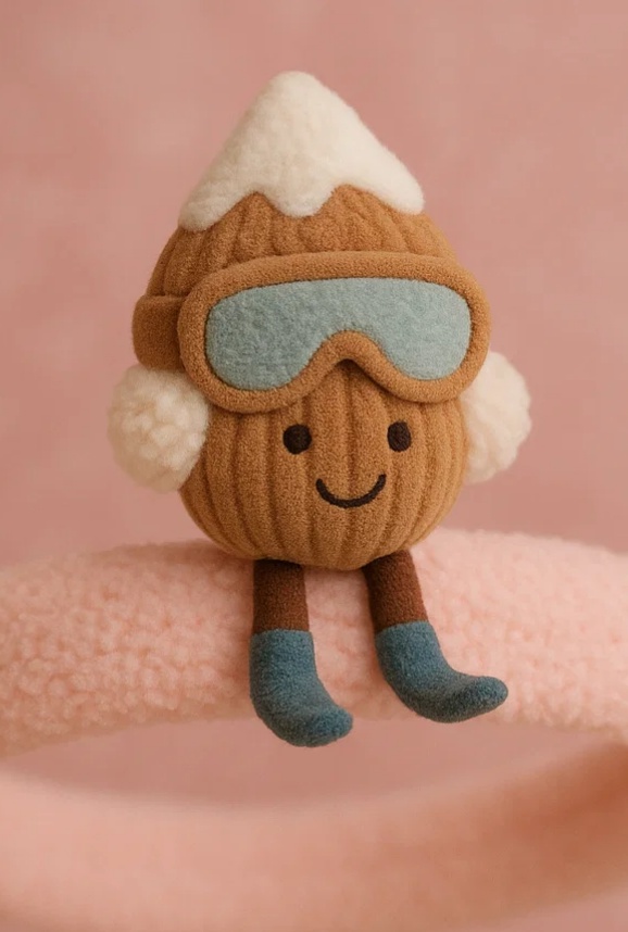 Bentiță pentru bebeluși cu jucărie de pluș – Nucă cu vârf de zăpadă și ochelari de schi