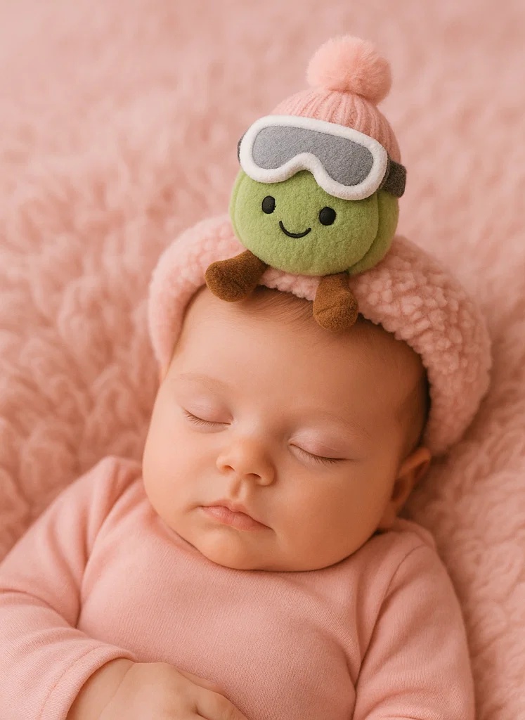 Dětská čelenka s plyšovou hračkou – Zelený oříšek s lyžařskou čepicí a brýlemi