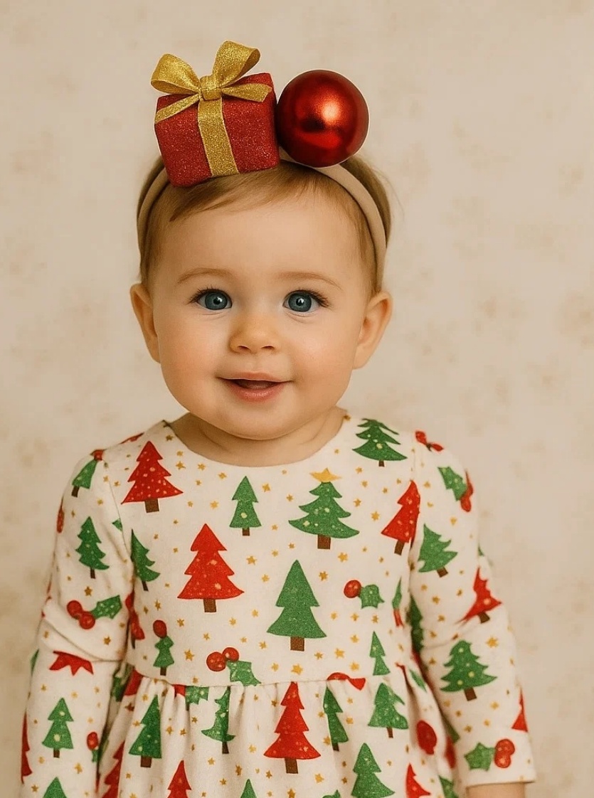 Weihnachtliches Baby-Stirnband mit Tannenbäumen und Geschenk – Festlicher Foto-Look