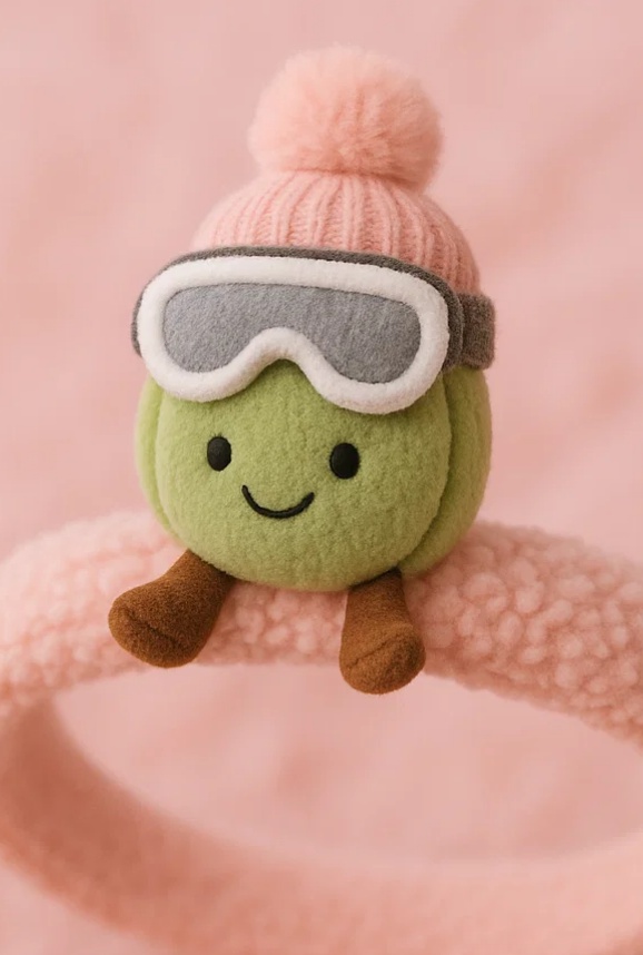Dětská čelenka s plyšovou hračkou – Zelený oříšek s lyžařskou čepicí a brýlemi