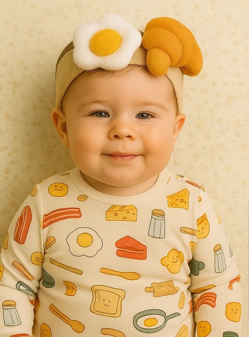 Kreativní dětská čelenka s donatem a smaženým vejcem z plyše