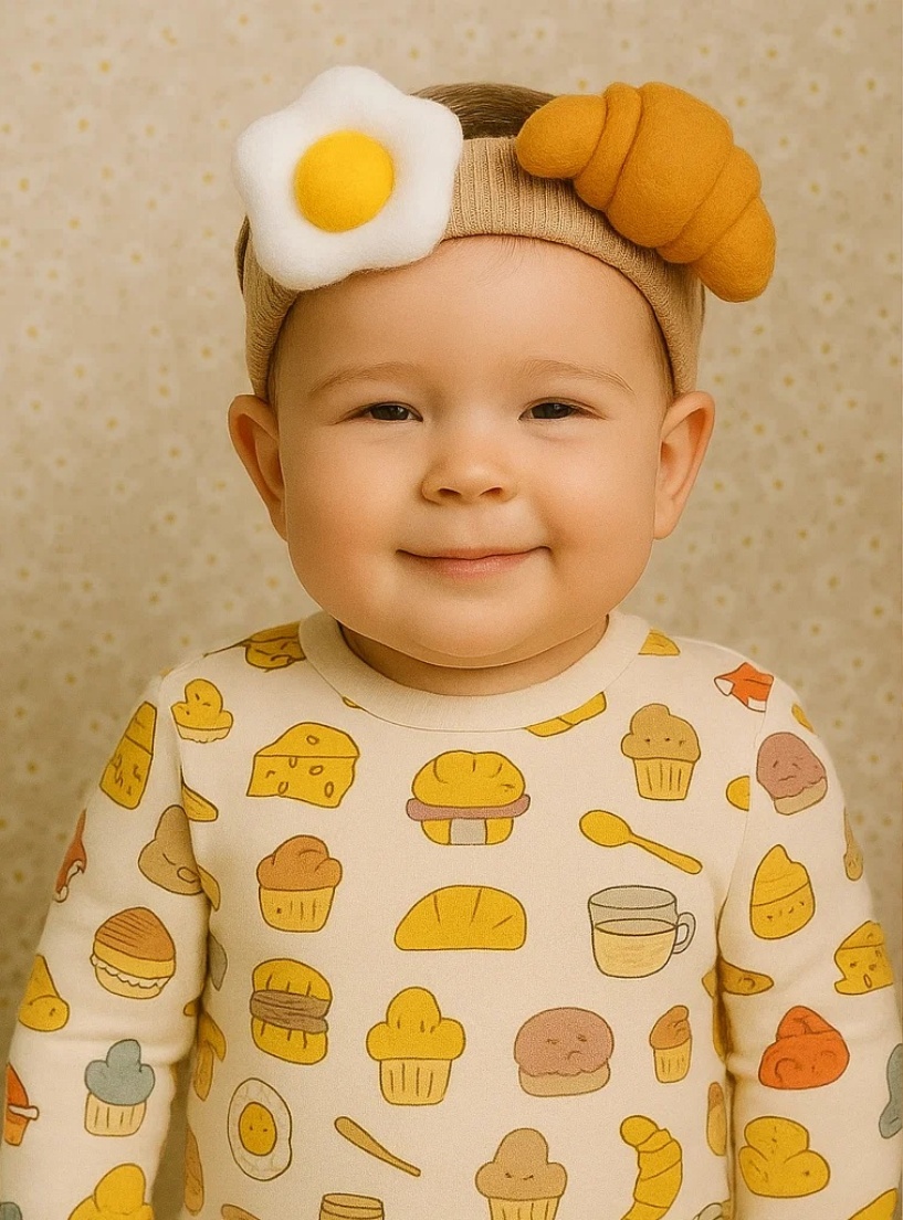 Fofa faixa de bebê com Donut e Ovo Frito de pelúcia