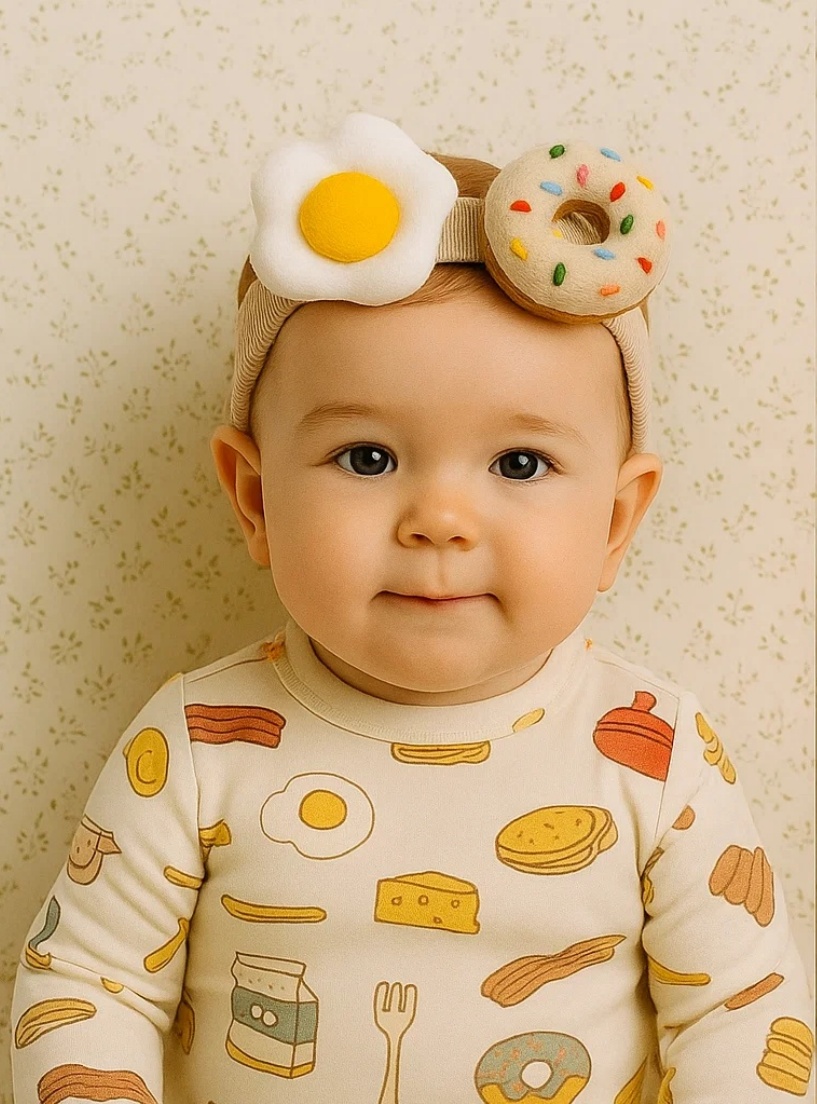 Delicious Donut and Fried Egg Baby Headband with Colorful Plush Toys