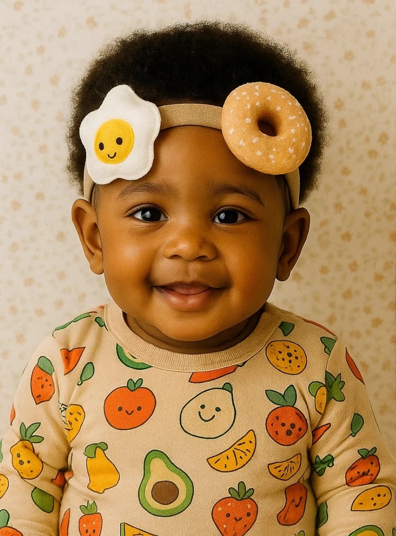 Fruit-themed Baby Headband with Fried Egg and Donut Plush Toys