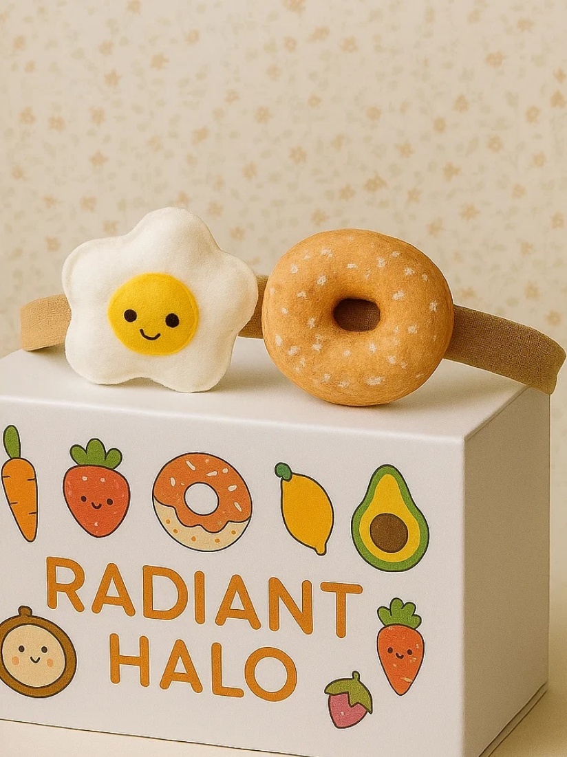 Fruit-themed Baby Headband with Fried Egg and Donut Plush Toys