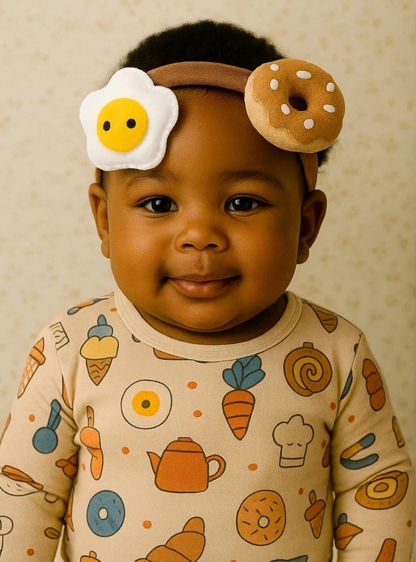 Playful Baby Headband with Fried Egg and Donut Plush Toys