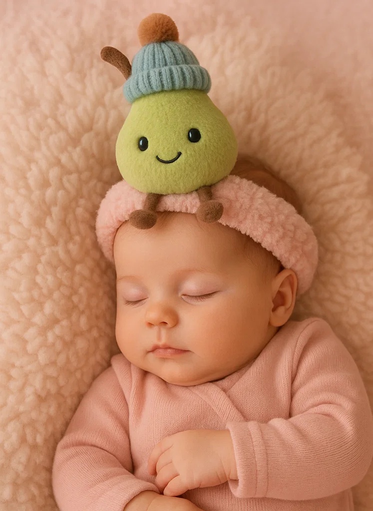 Pear Baby Plush Headband with Pom Hat – Cozy Green Fruit Look