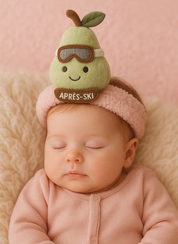 Sitzende Birne Baby Haarband mit Plüschfigur – Fruchtige Winteredition