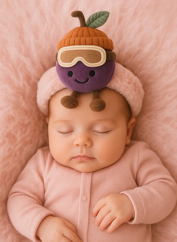 Diadema de bebé con muñeco de fruta ciruela – Edición Invierno con gorro