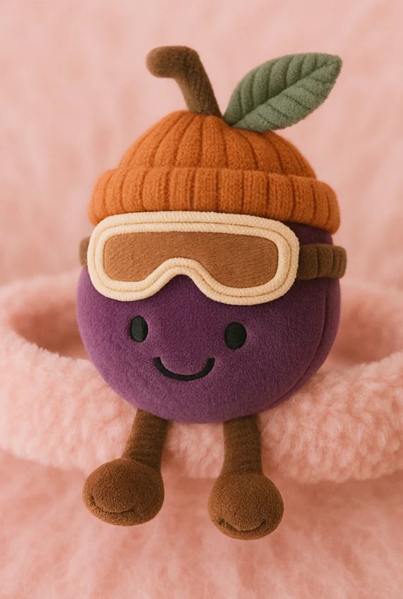 Diadema de bebé con muñeco de fruta ciruela – Edición Invierno con gorro