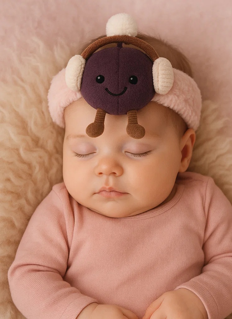 Bandeau bébé avec peluche prune et cache-oreilles – Série Fruits d’hiver