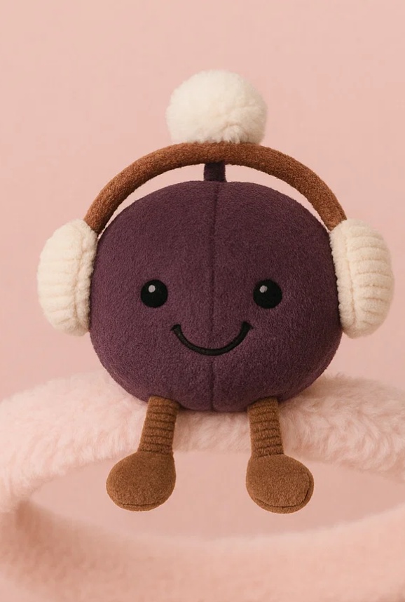 Bandeau bébé avec peluche prune et cache-oreilles – Série Fruits d’hiver