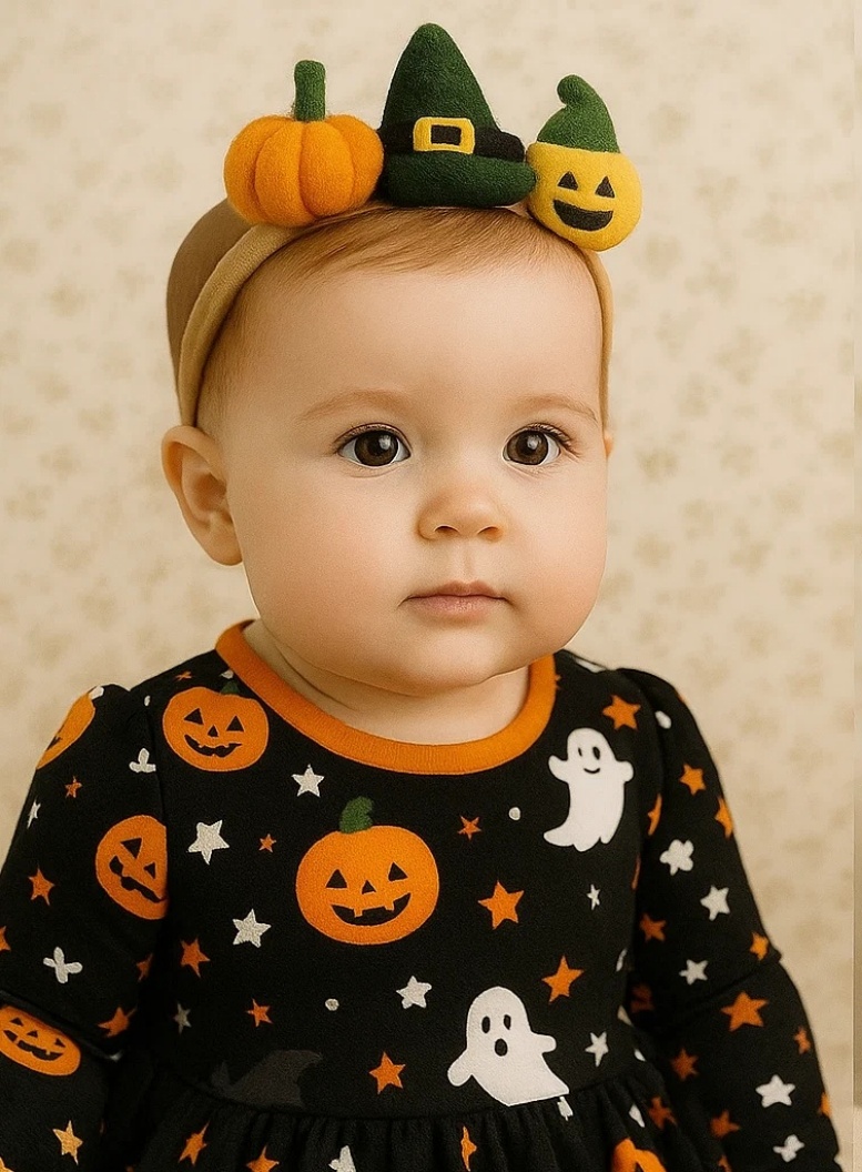 Magical Halloween Baby Headband with Crochet Pumpkins and Witch Hats