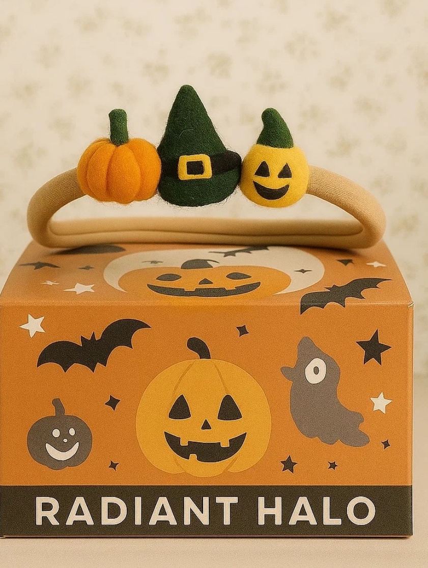 Magical Halloween Baby Headband with Crochet Pumpkins and Witch Hats