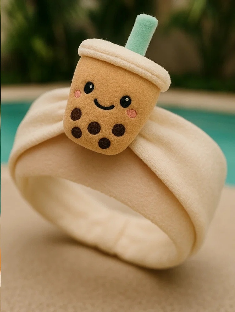Summer Pearl Milk Tea Baby Headband – Soft Plush Accessory with Cute Cup Design