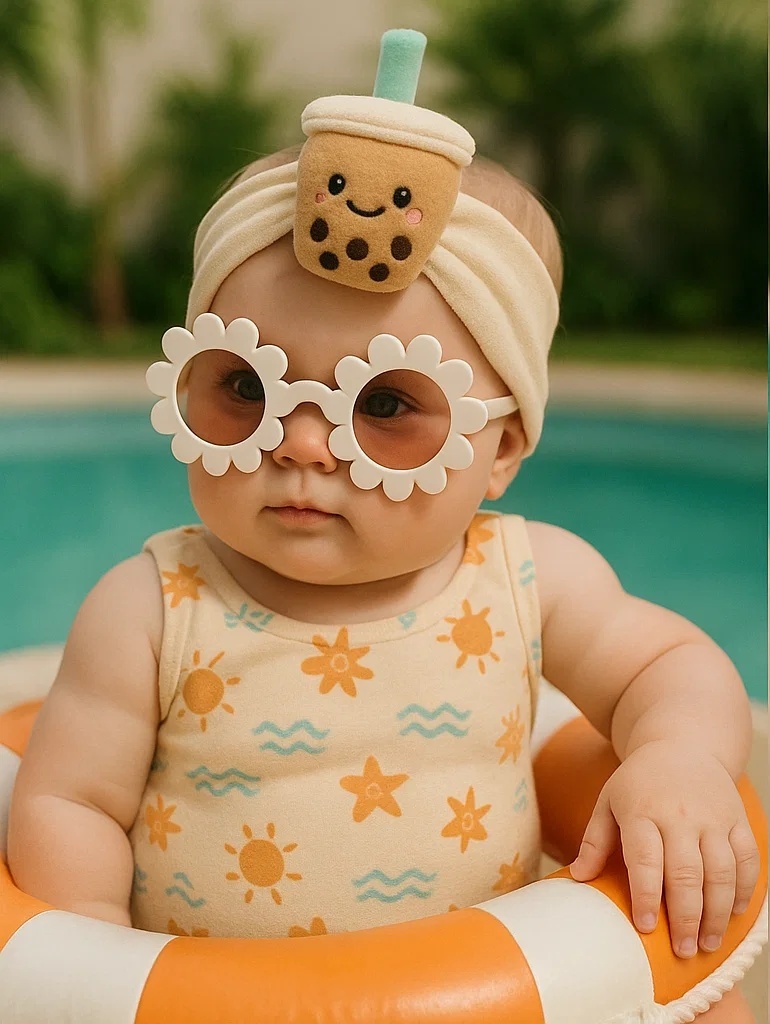 Summer Pearl Milk Tea Baby Headband – Soft Plush Accessory with Cute Cup Design