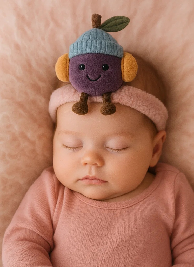 Bentiță pentru bebeluși cu jucărie prună – Model de iarnă cu căciuliță și urechi galbene