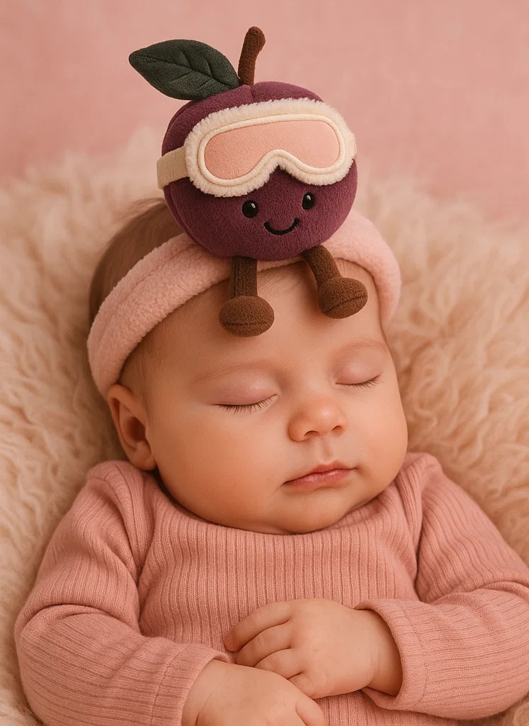 Čelenka pro miminka s plyšovou švestkou – Zimní edice s růžovými brýlemi